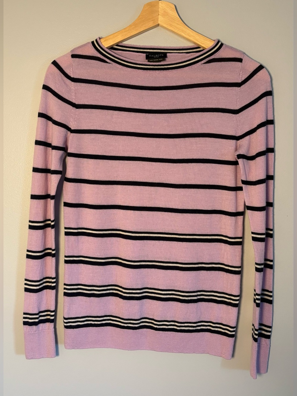 Talbots Lilac Purple & Black Striped Sweater-pure Merino wool size small (p)